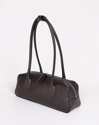 HYER GOODS La Strada East West shoulder bag in chocolate leather, showing detailed view of the stylish handbag.