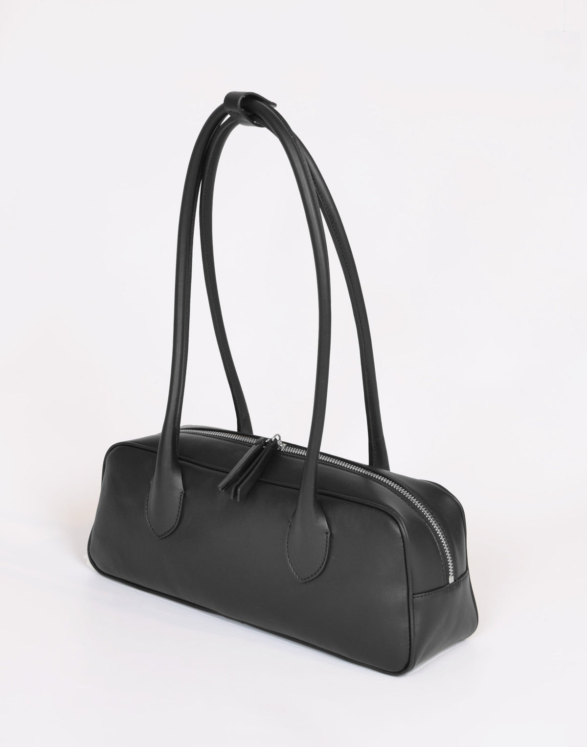 HYER GOODS La Strada East West Shoulder Bag in chocolate leather with a 3/4 view showing front and side details