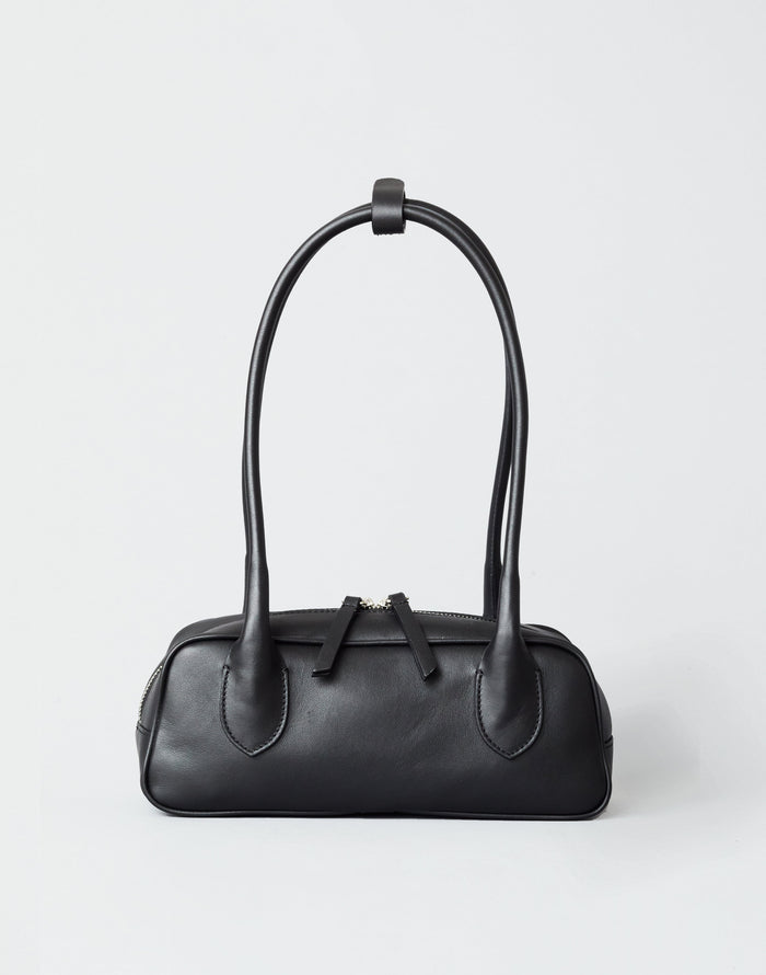 HYER GOODS Mini La Strada East West Shoulder Bag in black with silver accents, featuring a compact and stylish design.