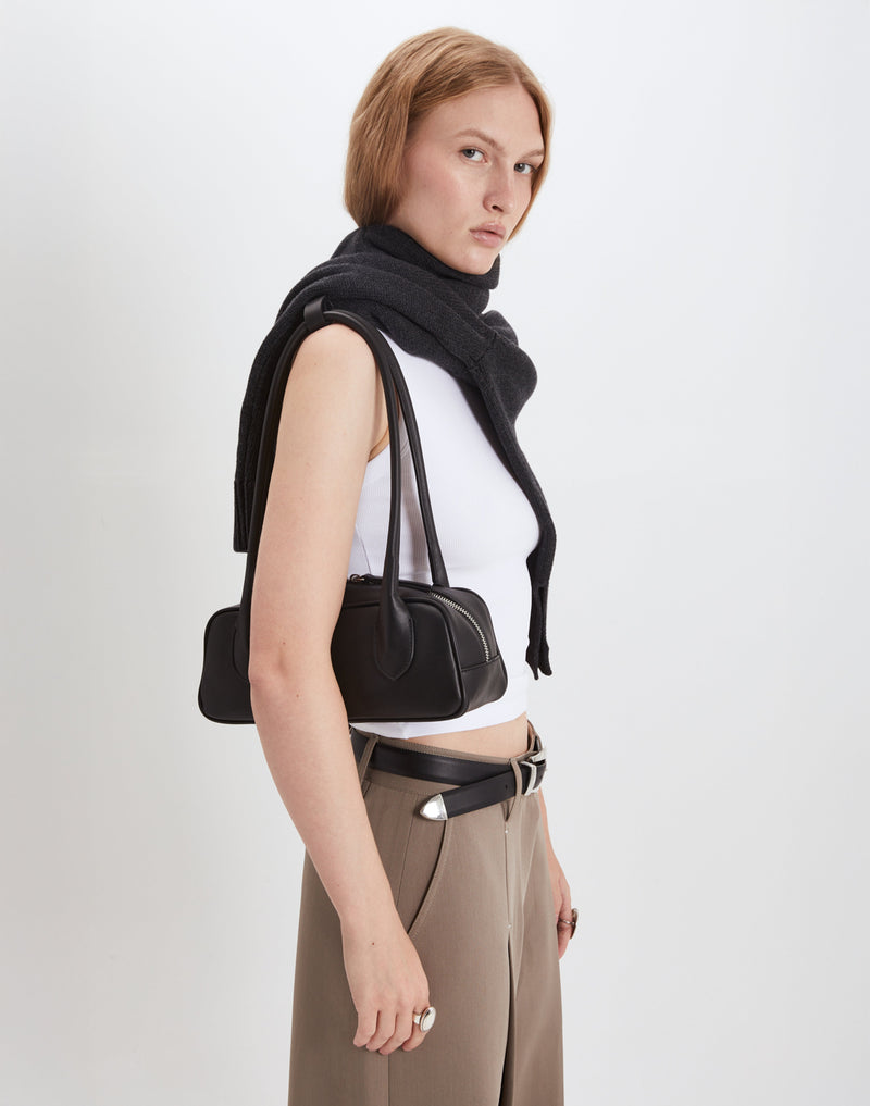 HYER GOODS Mini La Strada East West Shoulder Bag in black with silver accents, showcasing its compact design and sleek style.