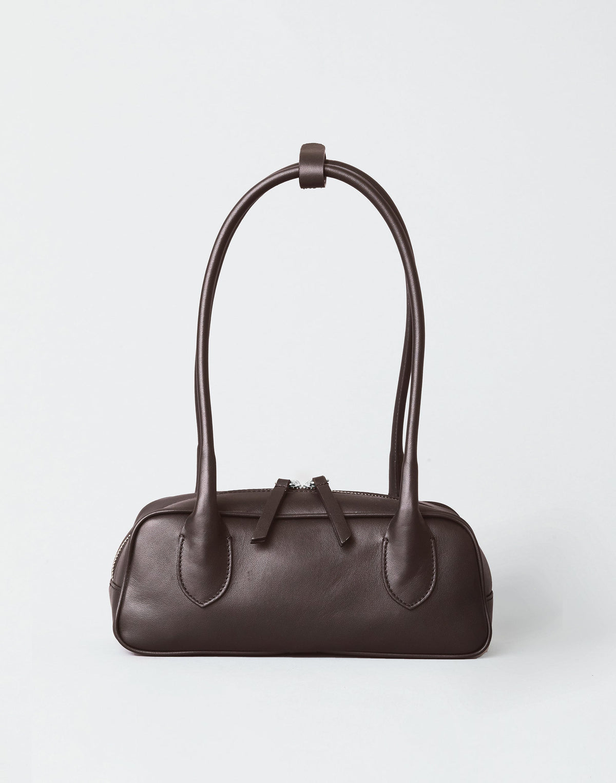 HYER GOODS Mini La Strada East West shoulder bag in chocolate silver leather with gold hardware and adjustable strap.