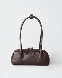 HYER GOODS Mini La Strada East West shoulder bag in chocolate silver leather with gold hardware and adjustable strap.