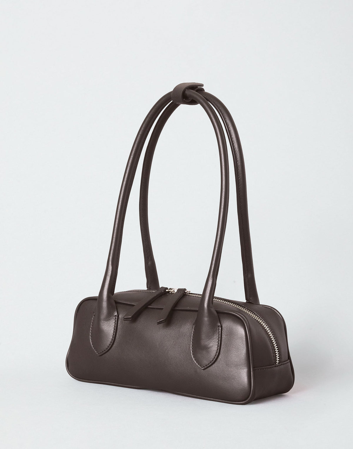 HYER GOODS Mini La Strada East West Shoulder Bag in chocolate silver with sleek design and compact size.