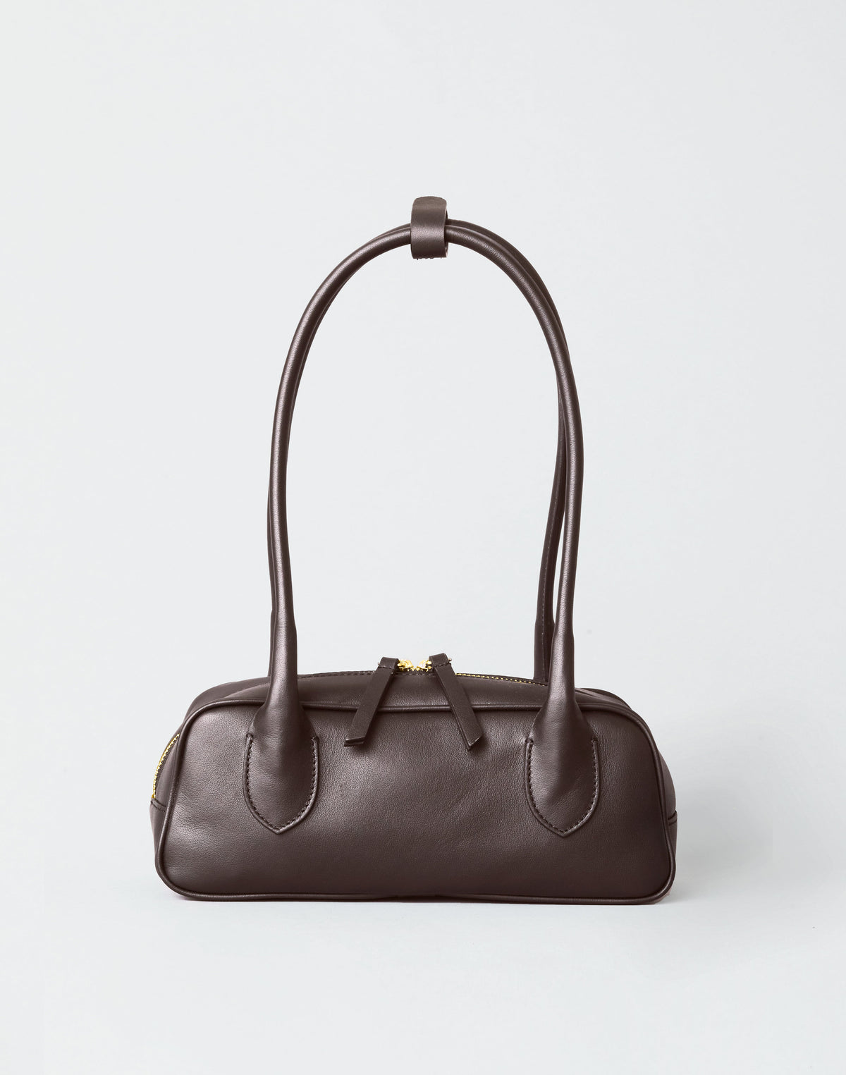 HYER GOODS Mini La Strada East West shoulder bag in chocolate gold leather, featuring a compact design and sleek style.