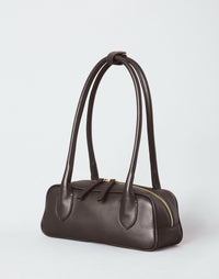 HYER GOODS Mini La Strada East West shoulder bag in chocolate gold leather with compact, stylish design and gold-tone hardware.