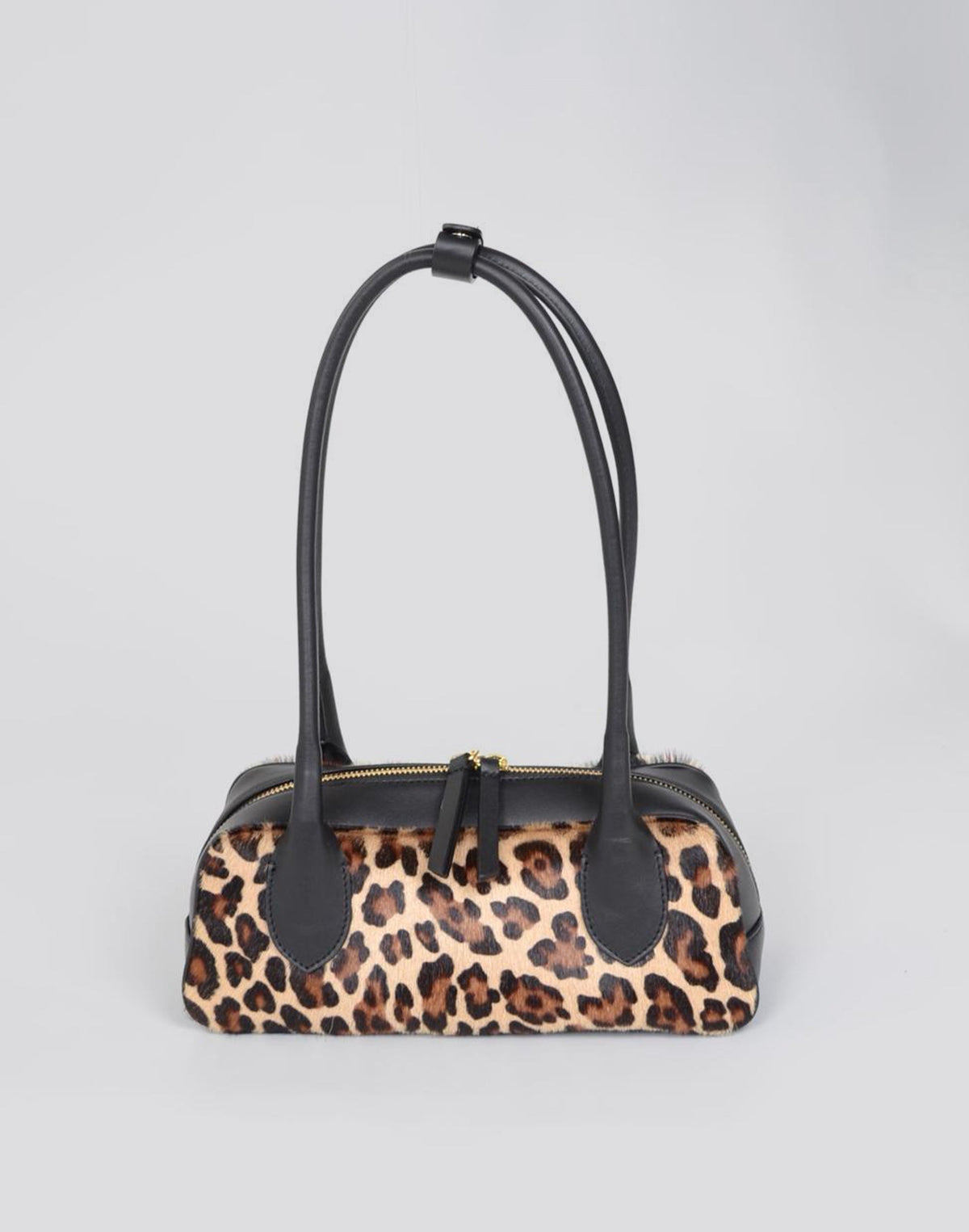 HYER GOODS Mini La Strada East West Shoulder Bag in leopard print with a sleek design and adjustable strap.