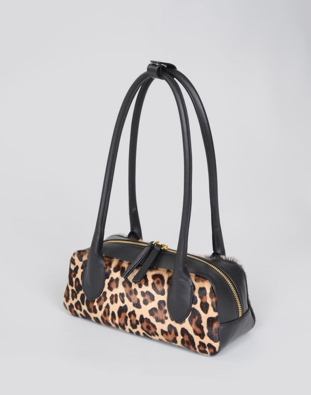 HYER GOODS Mini La Strada East West Shoulder Bag in leopard print with adjustable strap and compact design.
