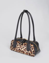 HYER GOODS Mini La Strada East West Shoulder Bag in leopard print with adjustable strap and compact design.