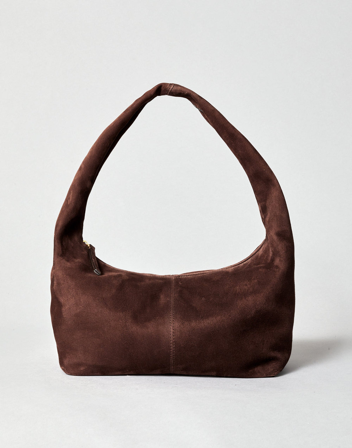 HYER GOODS Everyday Shoulder Bag in chocolate suede, featuring a sleek design and adjustable strap for versatile carrying.