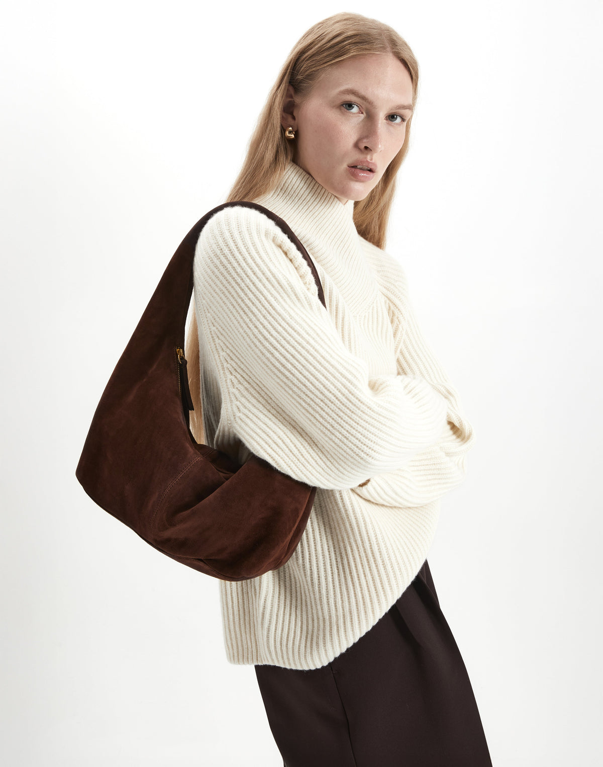 HYER GOODS Everyday Shoulder Bag in chocolate suede, featuring a sleek design with a top handle and adjustable shoulder strap.