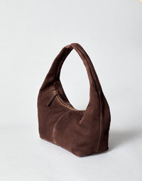 HYER GOODS Everyday Shoulder Bag in chocolate suede, featuring a sleek design with a top handle and adjustable shoulder strap.
