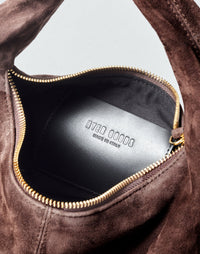 HYER GOODS Everyday Shoulder Bag in chocolate suede, showcasing its sleek design and soft textured material.