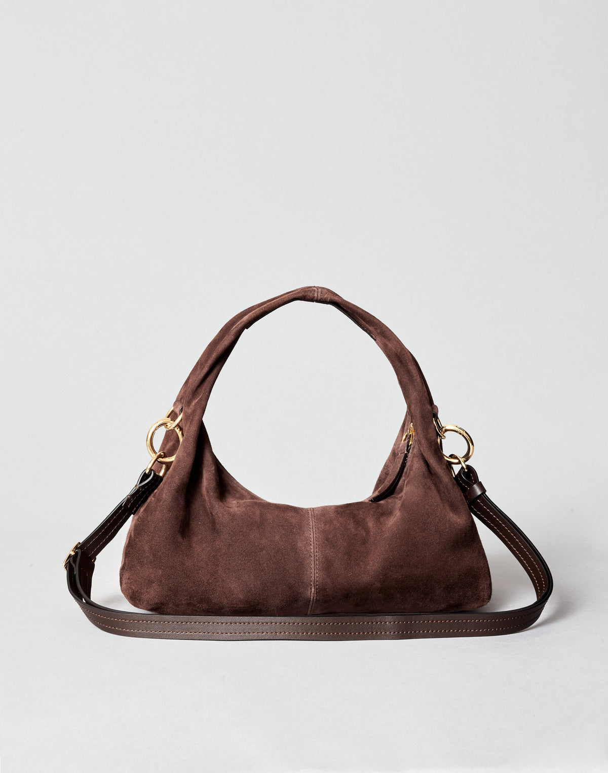 HYER GOODS Mini Everyday Shoulder Bag in chocolate suede, stylish compact shoulder bag with a minimalist design.