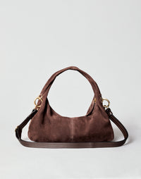 HYER GOODS Mini Everyday Shoulder Bag in chocolate suede, stylish compact shoulder bag with a minimalist design.