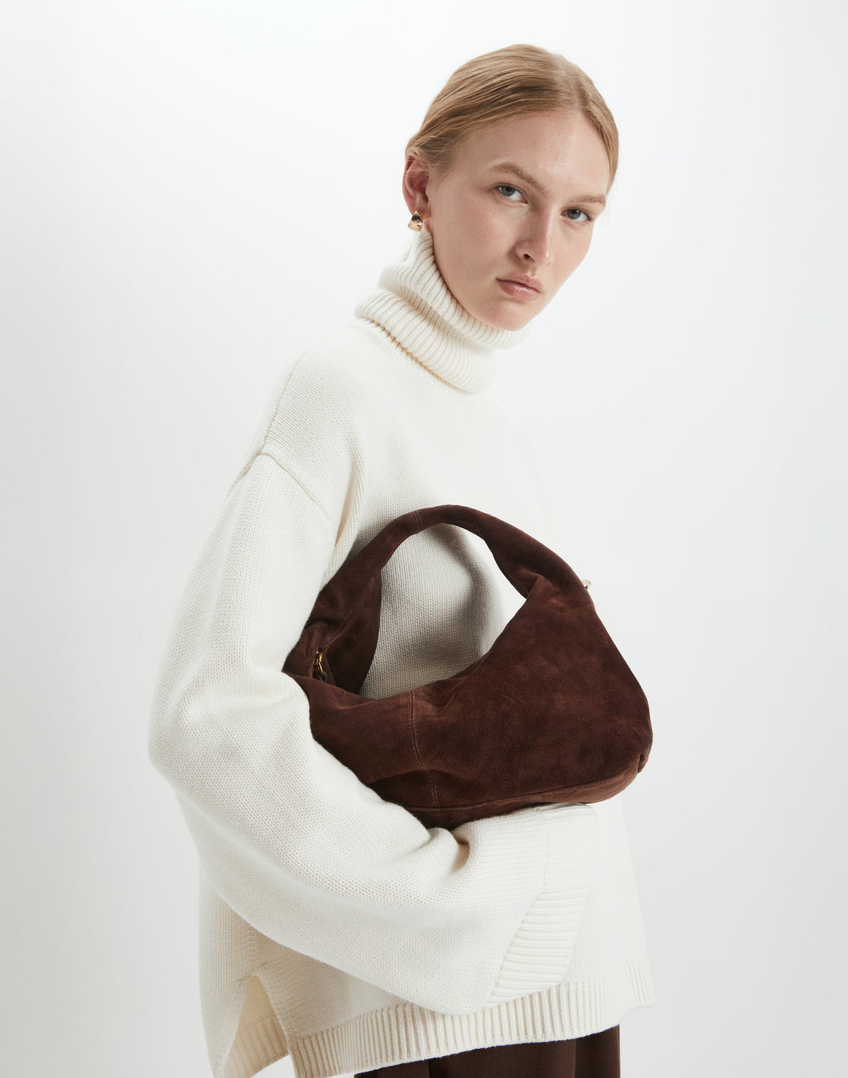 Mini Everyday Shoulder Bag by HYER GOODS in chocolate suede, featuring a compact design with a shoulder strap and stylish finish.