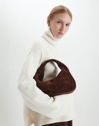 Mini Everyday Shoulder Bag by HYER GOODS in chocolate suede, featuring a compact design with a shoulder strap and stylish finish.