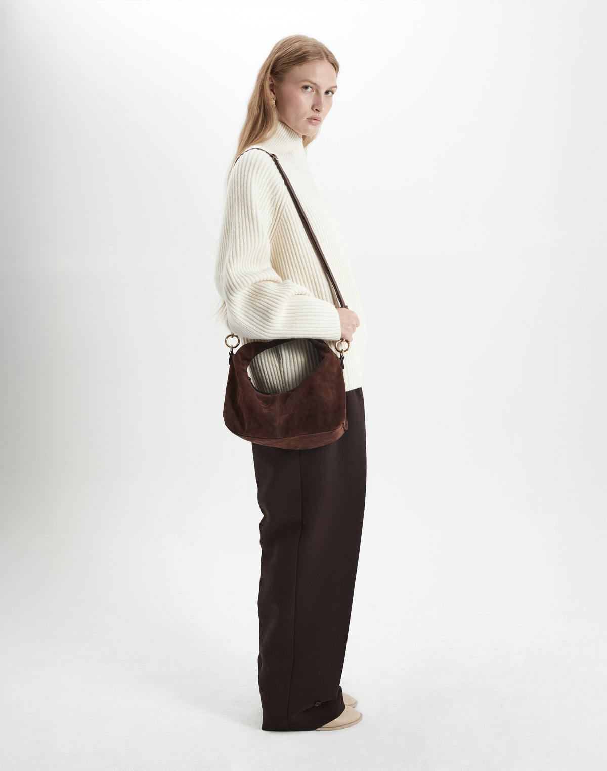 HYER GOODS Mini Everyday Shoulder Bag in chocolate suede, compact design with adjustable strap and sleek style.