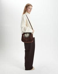 HYER GOODS Mini Everyday Shoulder Bag in chocolate suede, compact design with adjustable strap and sleek style.