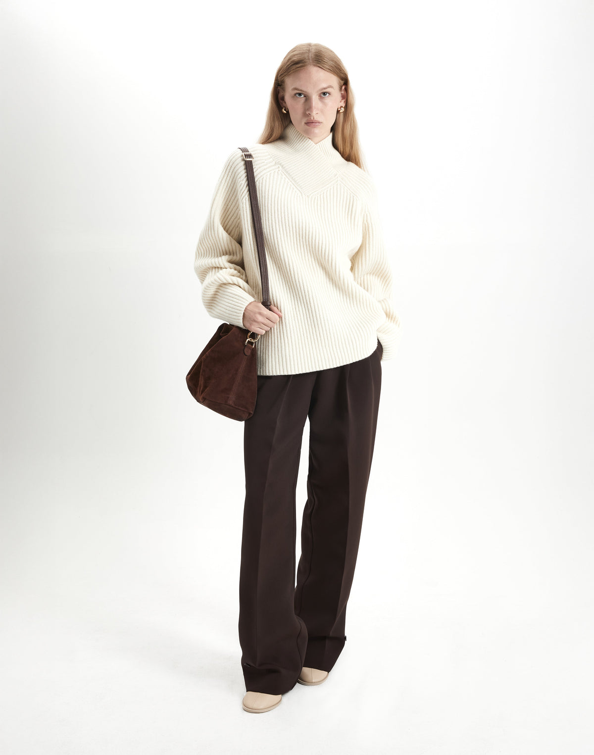 HYER GOODS Mini Everyday Shoulder Bag in chocolate suede, showcasing its compact design and stylish shoulder strap.