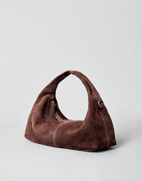 HYER GOODS Mini Everyday Shoulder Bag in chocolate suede, stylish compact bag with a sleek shoulder strap and minimalist design.