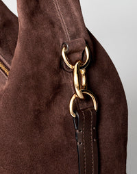 HYER GOODS Mini Everyday Shoulder Bag in chocolate suede, featuring a compact design with a strap for daily casual use.