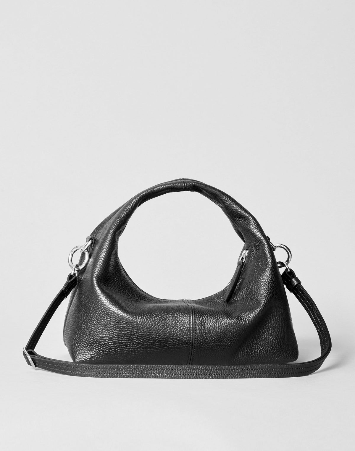 Black HYER GOODS Mini Everyday Shoulder Bag with silver hardware, compact design, and adjustable shoulder strap.