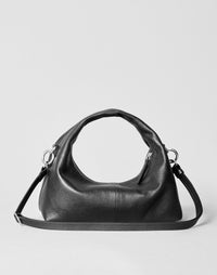 Black HYER GOODS Mini Everyday Shoulder Bag with silver hardware, compact design, and adjustable shoulder strap.