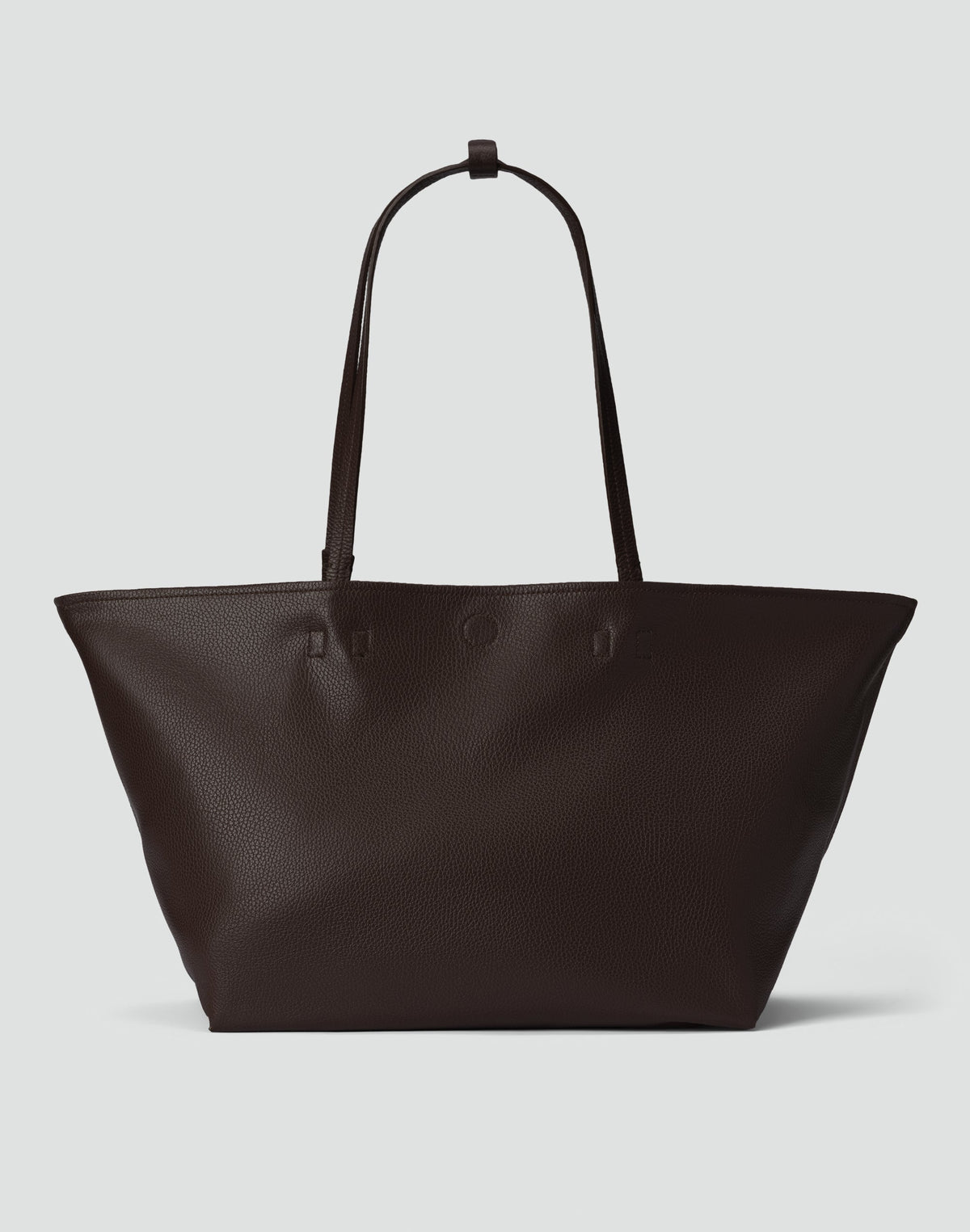Dark chocolate brown HYER GOODS Mercato tote bag with soft leather material and spacious design, shown with handles and top view.