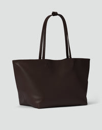Dark chocolate HYER GOODS Mercato Tote Bag with soft leather handles and spacious interior for everyday use.