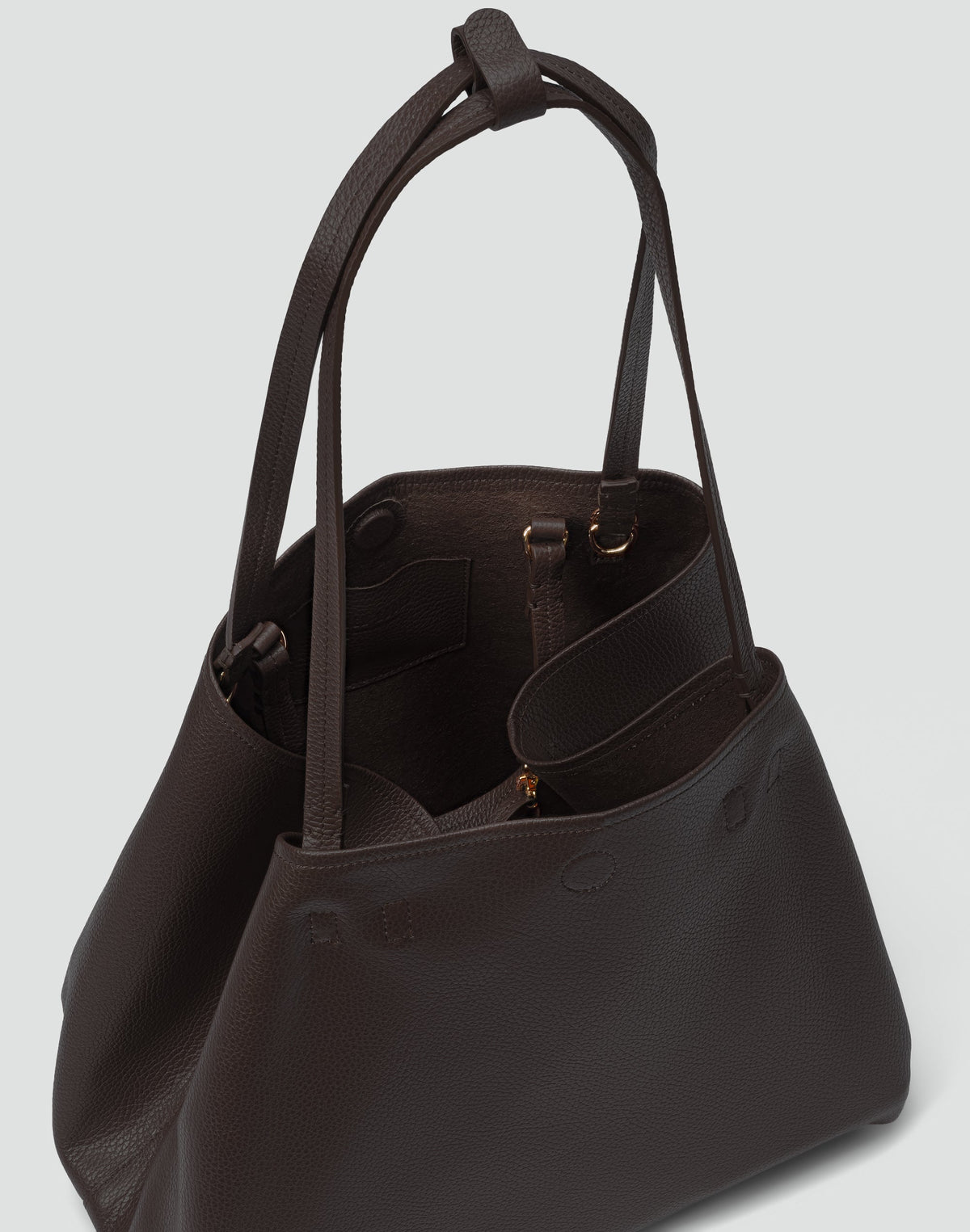 Dark chocolate-colored HYER GOODS Mercato Tote Bag with soft fabric and spacious interior, displayed open showing its interior details.