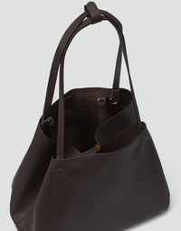 Dark chocolate-colored HYER GOODS Mercato Tote Bag with soft fabric and spacious interior, displayed open showing its interior details.