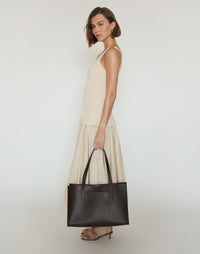 HYER GOODS Tolentino Tote Bag in chocolate brown, spacious and stylish with sturdy handles and minimalist design.