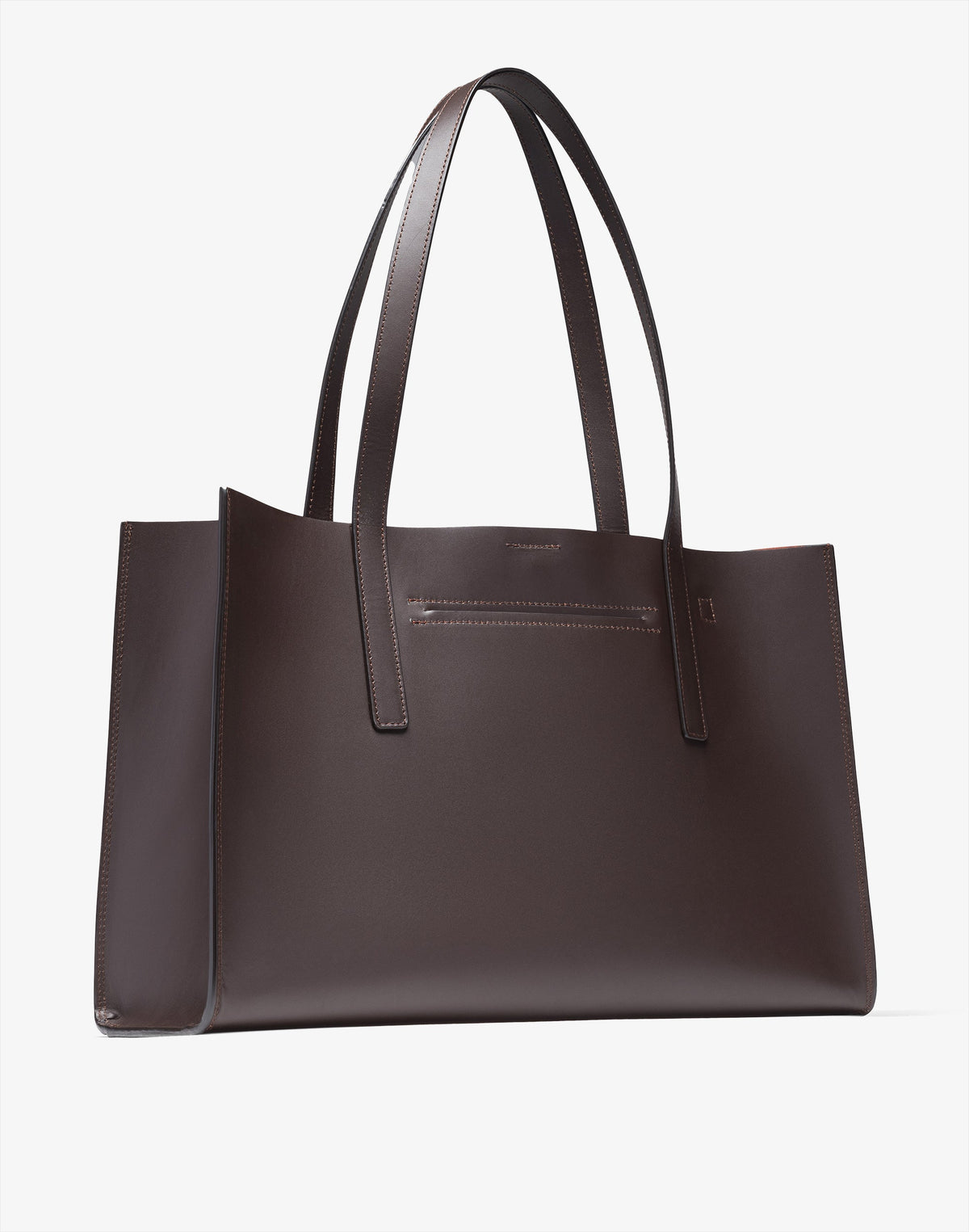 HYER GOODS Tolentino Tote Bag made of double-face leather in chocolate color, featuring a spacious design and sturdy handles.