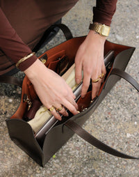 HYER GOODS Tolentino Tote Bag in chocolate brown, stylish and spacious tote with sturdy handles and sleek design.