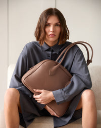 Taupe HYER GOODS La Autostrada tote bag with sturdy handles and spacious interior, perfect for daily use and casual outings.