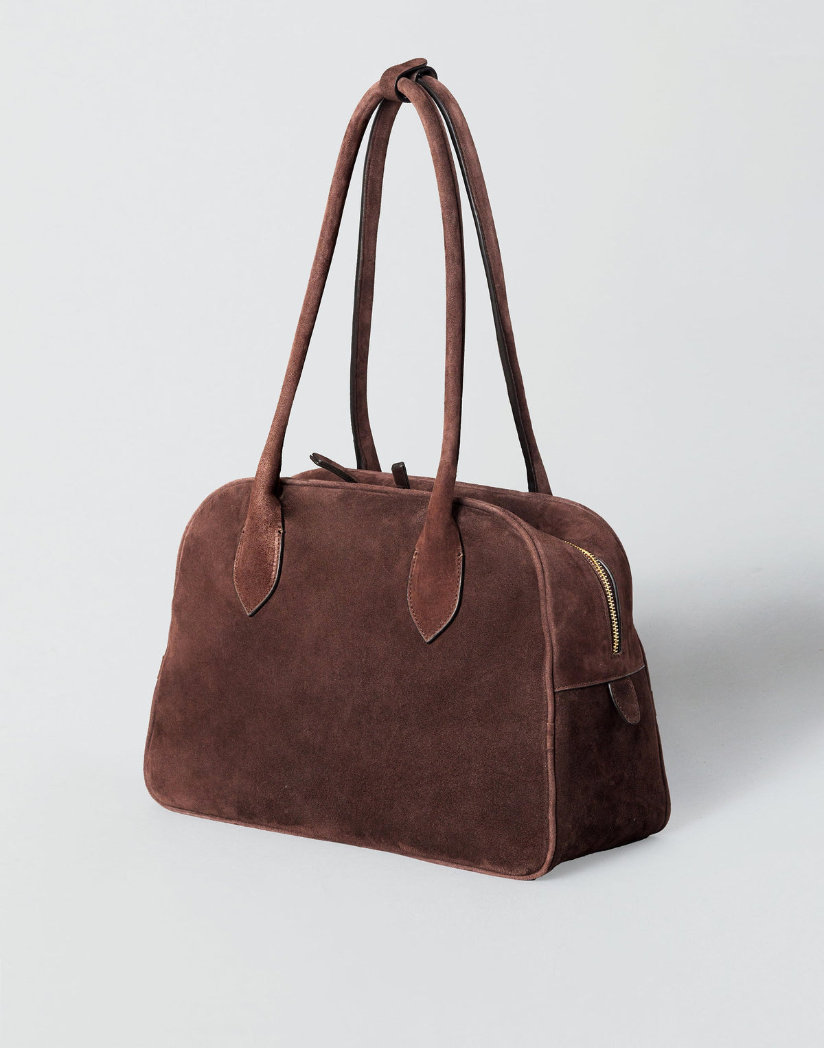 HYER GOODS La Autostrada tote bag in brown suede with sturdy handles and spacious interior, perfect for daily use.