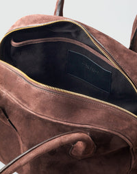 HYER GOODS La Autostrada tote bag in brown suede with sturdy handles and spacious interior, stylish for everyday use.