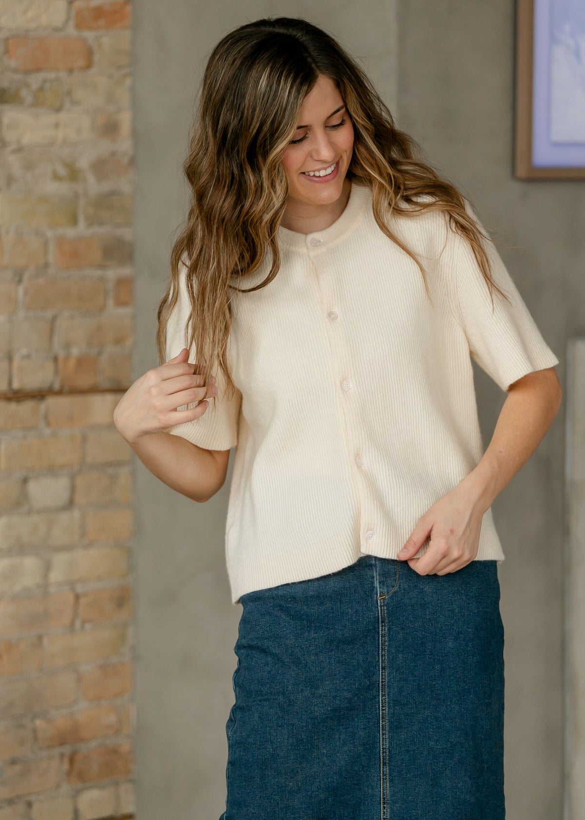 Inherit Co. Zadie Ivory short sleeve button cardigan from IC Layering Essentials, featuring a cozy, stylish design for layering.