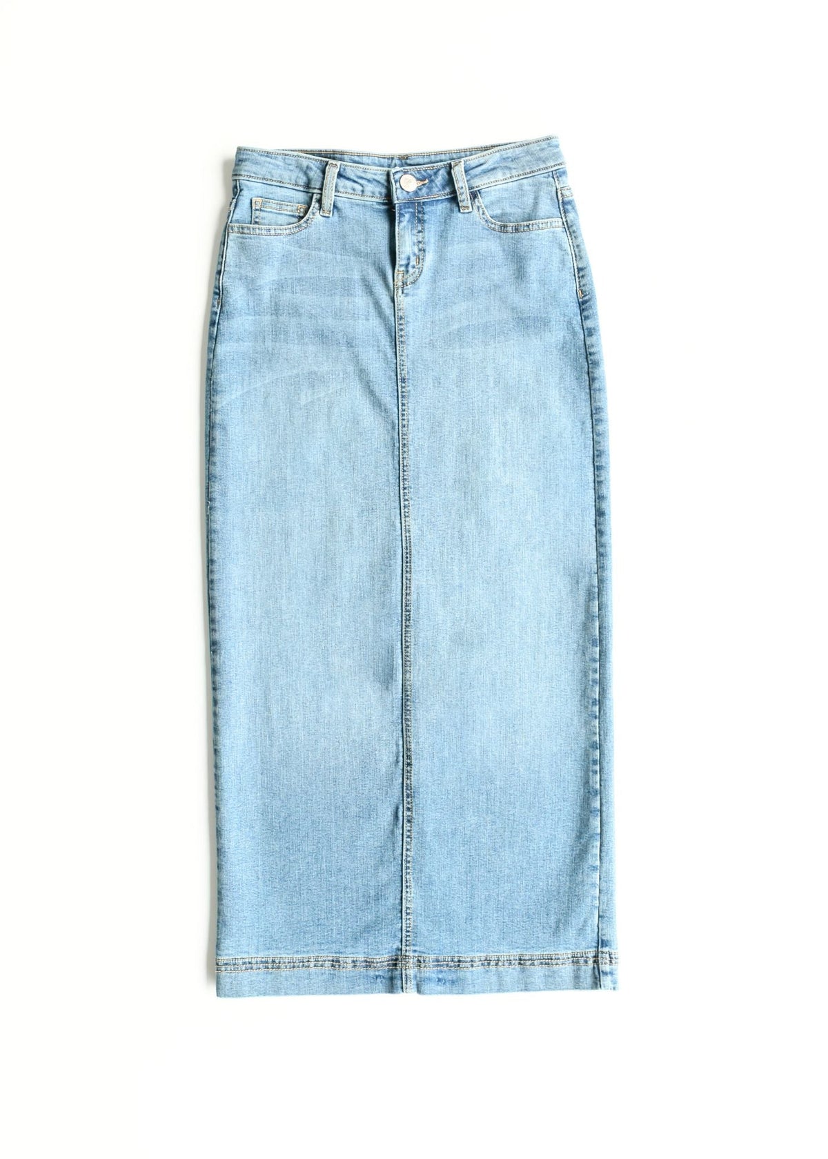 Light wash denim maxi skirt from Inherit Co. featuring a flowing design and high waist, perfect for casual and stylish looks.