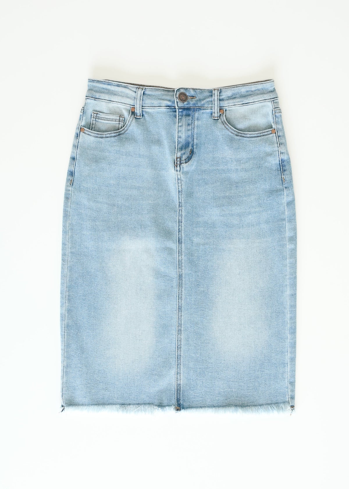 Inherit Co. Drew Raw Hem Midi Denim Skirt featuring a classic denim design with a raw hem, styled for casual wear.
