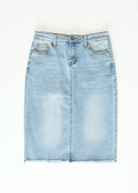 Inherit Co. Drew Raw Hem Midi Denim Skirt featuring a classic denim design with a raw hem, styled for casual wear.