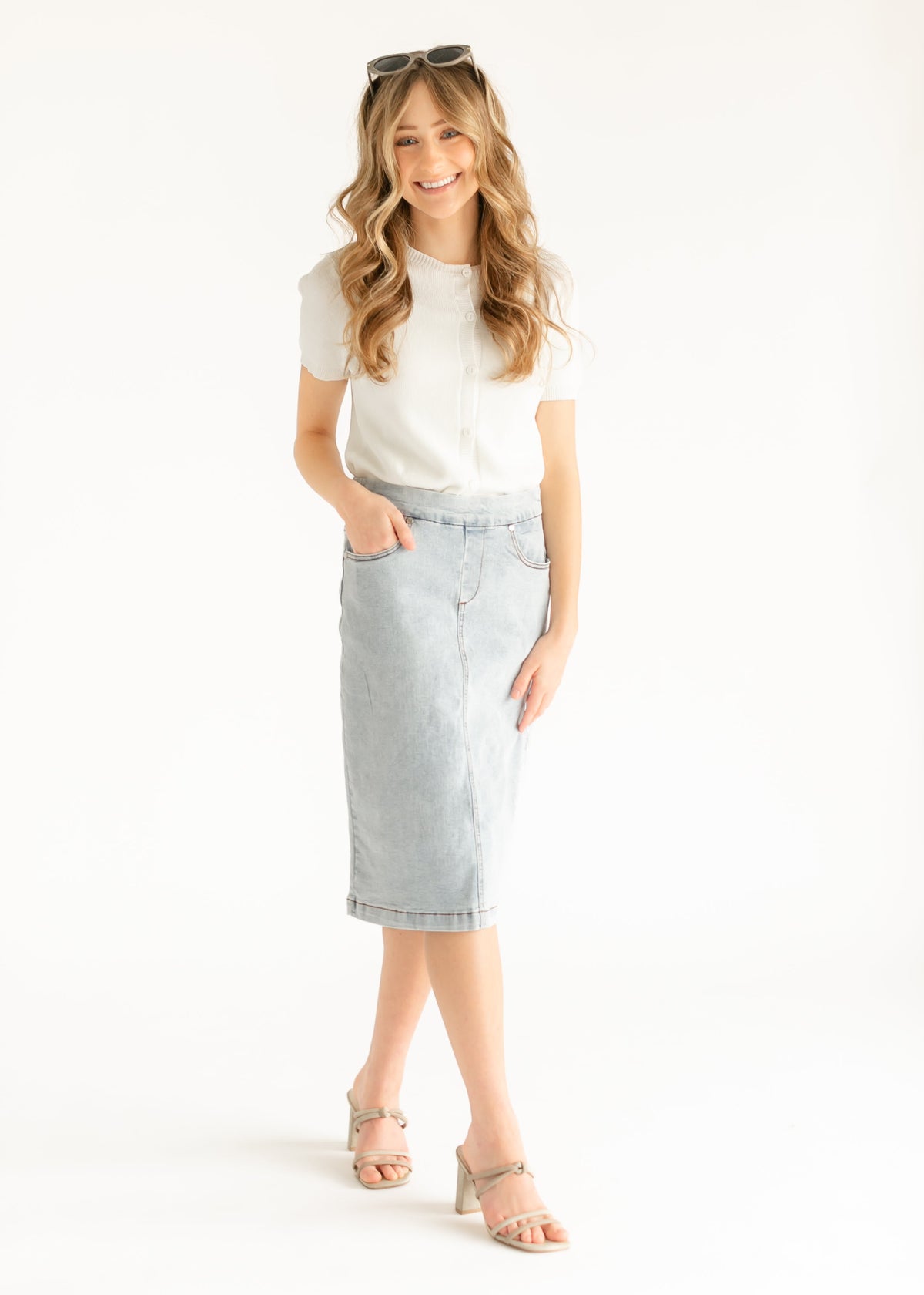 Inherit Co. Sandra light wash denim midi skirt, casual mid-length denim skirt with a relaxed fit and classic five-pocket design.