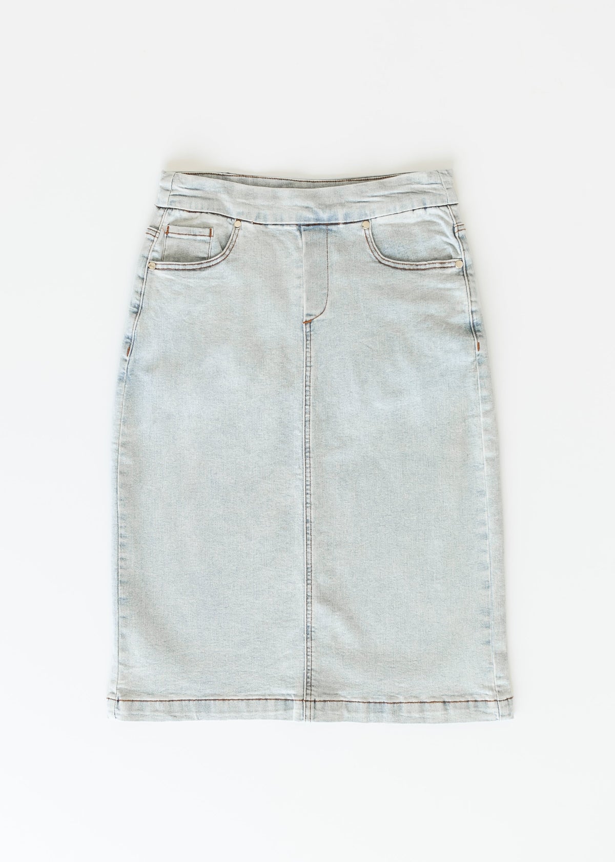 Inherit Co. Sandra light wash denim midi skirt with a high waist and classic five-pocket design, stylish and versatile for casual wear.