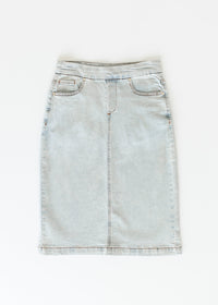 Inherit Co. Sandra light wash denim midi skirt with a high waist and classic five-pocket design, stylish and versatile for casual wear.