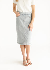 Light wash denim midi skirt by Inherit Co. from IC Skirts collection, featuring a classic, casual denim design.