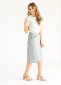 Inherit Co. Sandra light wash denim midi skirt with a high waist, classic five-pocket design, and straight fit.