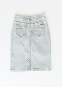 Inherit Co. Sandra light wash denim midi skirt, casual style with a high waist and A-line silhouette, shown on a model.