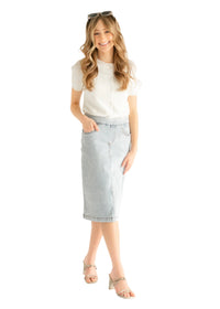 Inherit Co. Sandra Light Wash Denim Midi Skirt from IC Skirts, showcasing a casual, stylish denim skirt with a mid-length fit.
