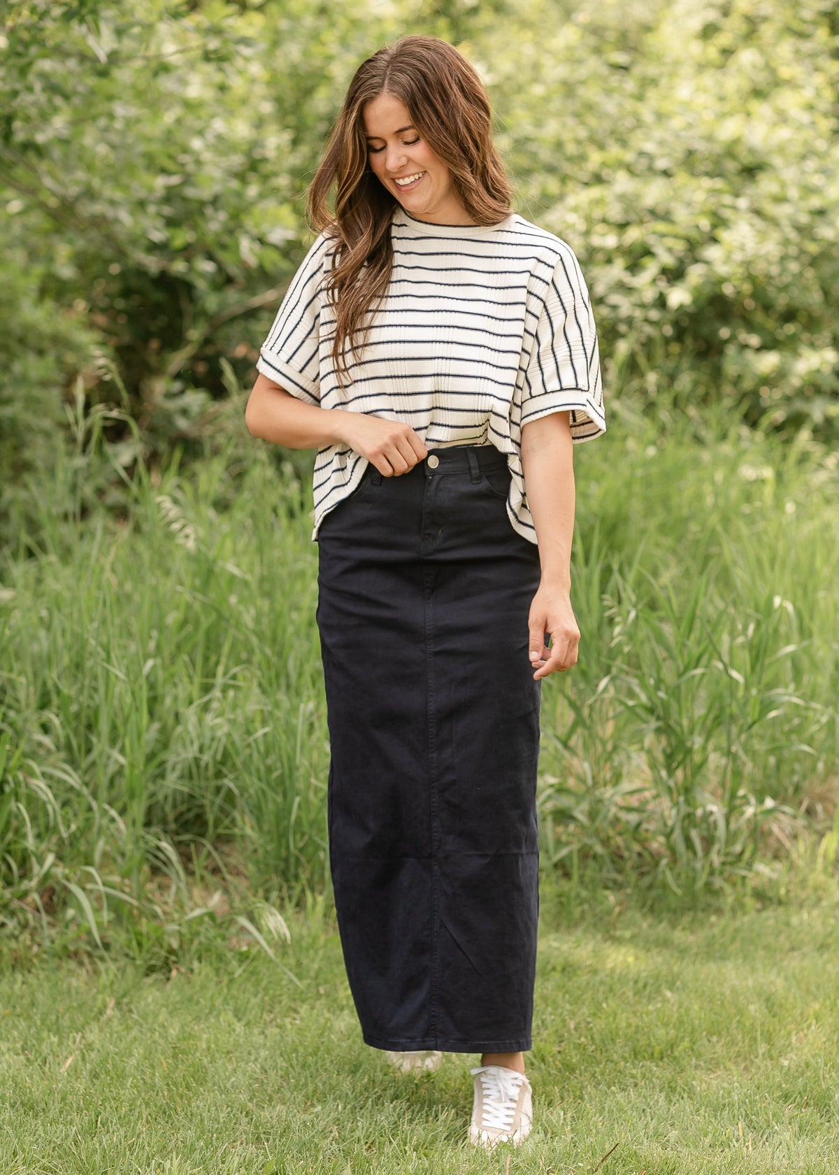 Inherit Co. Stella Navy Maxi Denim Skirt from IC Skirts, featuring a long denim design with a stylish navy blue finish.