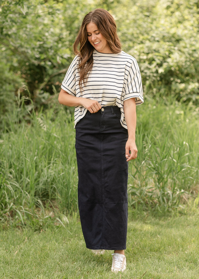 Inherit Co. Stella Navy Maxi Denim Skirt from IC Skirts, featuring a long denim design with a stylish navy blue finish.